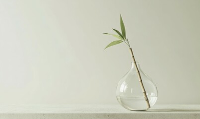 Clear glass vase with a single bamboo stick, placed on a light concrete surface with a neutral background, minimal eco design,