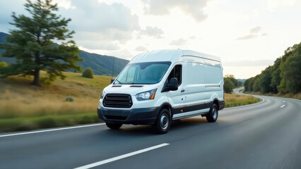 A white delivery van drives along a winding road through a rural landscape. Concept of: Commercial transport and delivery.