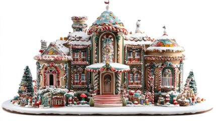 Elaborate gingerbread house with candy details, snow, and festive decorations.