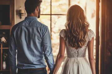 Fototapeta premium Rear view of a couple holding hands by a bright window, soft light. togetherness and love
