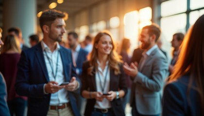 Business people mingle at a conference. Many people talk and exchange contacts in a large hall. Social networking event. Business professionals. Corporate event. Busy meeting. People look happy.