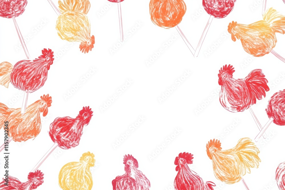 Poster doodle of colorful rooster shaped lollipops with blank space for creative text or designs. generativ