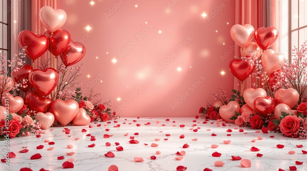Poster The image has a romantic theme with hearts and balloons in the background and scattered on the floor.