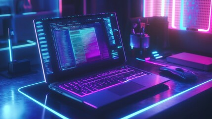Futuristic laptop with neon lights.