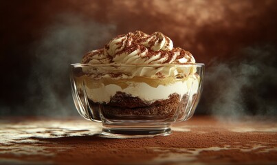 Decadent tiramisu in a glass dish, layers of creamy mascarpone and coffee-soaked sponge, topped with cocoa powder, moody lighting,