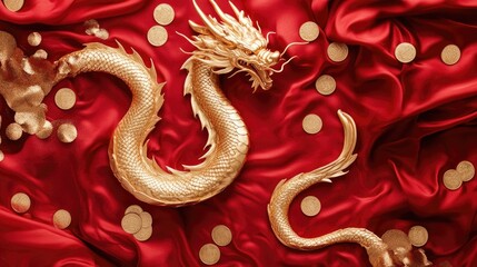Fototapeta premium Golden Dragon Fortune on Red Silk with Coins and Textiles