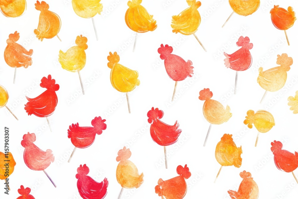 Poster vibrant rooster shaped lollipops on a clean background with space for text and colorful designs. gen