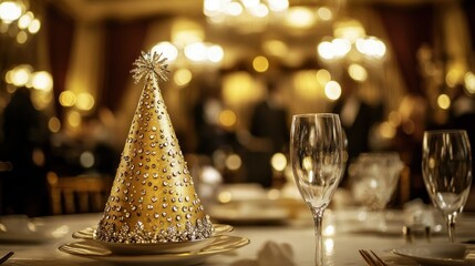 Elegant gold party hat on a table setting at a luxurious event.