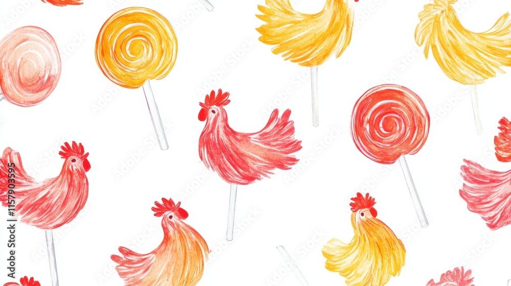 Poster vibrant rooster shaped lollipops in colorful designs with room for text and creativity. generative a