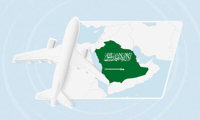 Saudi Arabia Travel Illustration with Plane and National Flag. Airplane Flying Over Saudi Arabia Map. © boldg