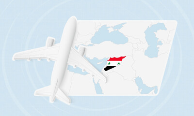 Syria Travel Illustration with Plane and National Flag. Airplane Flying Over Syria Map.