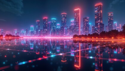 Futuristic city glows with vibrant neon lights reflecting on calm water surface at night. Skyscrapers stand tall innovative tech design. Digital world, cyber space concept. Energy tech, internet