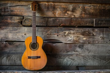 Naklejka premium Rustic Wooden Background with Acoustic Guitar