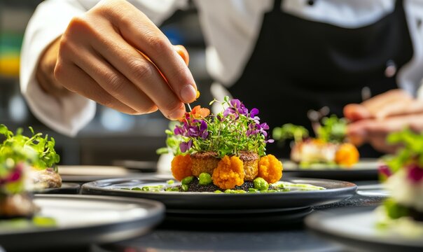 Detailed close-up of a chef delicately plating a Michelin-star-worthy vegan dish with microgreens, edible flowers, and vibrant sauces, modern presentation,