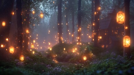 Fototapeta premium Enchanted Forest with Natural Lighting at Night