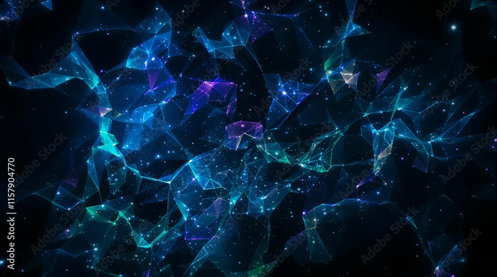 Poster dark background with a network of glowing lines and dots forming abstract shapes, creating a futuristic and digital appearance.