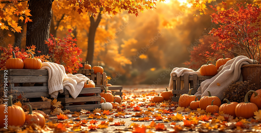 Poster cozy autumn scene with a bench adorned with blankets, surrounded by fallen leaves and scattered pump