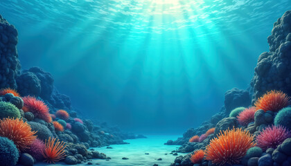 Underwater scene shows vibrant coral reef teeming with colorful anemones, marine life. Sunlight streams down through clear turquoise water. Calm, peaceful underwater landscape. Exotic tropical marine