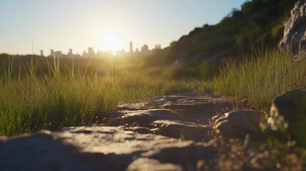 Obraz premium Golden Hour Over City Skyline with Nature Path