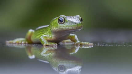 Fototapeta premium Green Frog on Reflective Surface in Soft Light
