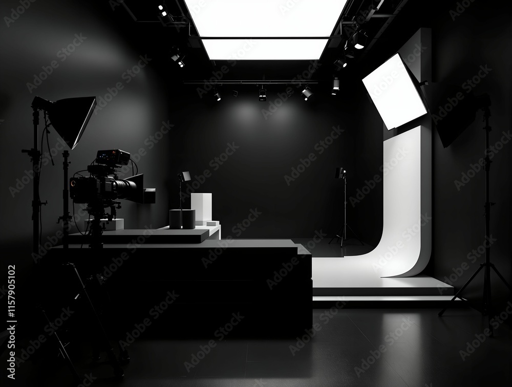 Poster modern office or studio environment with dark walls, a large desk, two computer monitors, a keyboard