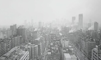 Pencil sketch of a bustling cityscape at dusk, detailed streets and buildings, light reflections on windows, subtle fog softening distant structures,