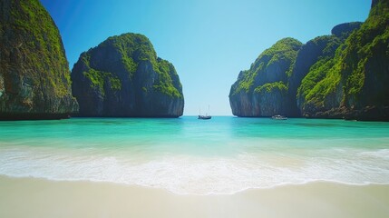 Fototapeta premium Serene Beach Landscape with Clear Water and Lush Green Cliffs