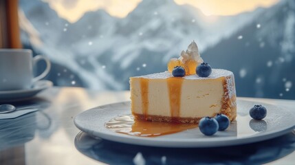 Cheesecake slice with berries, caramel, and whipped cream, mountain view.