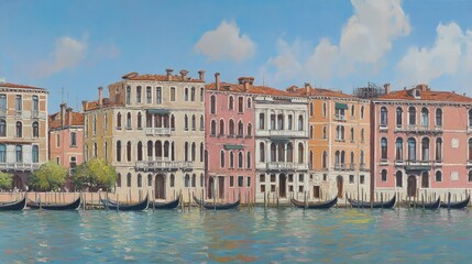 Naklejka premium Vibrant Venitian Waterfront with Colorful Historic Buildings and Boats