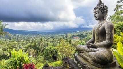 Serene Buddha Statue Overlooking Lush Tropical Landscape in Bali