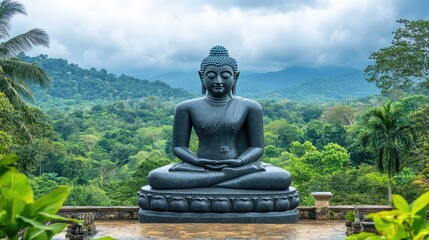 Fototapeta premium Serene Black Buddha Statue Amid Lush Green Mountains and Clouds