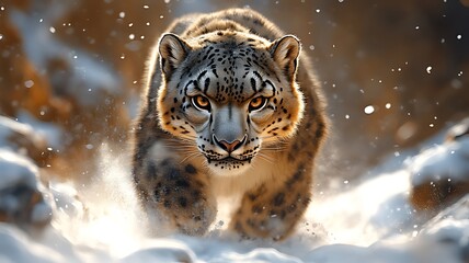 Majestic snow leopard walking in winter, snow falling.