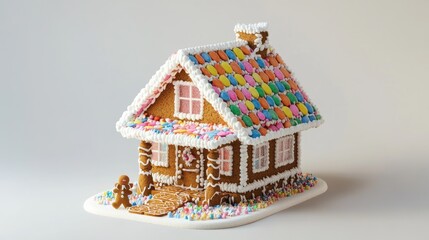 Decorated gingerbread house with candy roof and sprinkles.