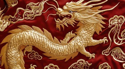 Obraz premium Detailed Golden Dragon Embroidery on Red Silk Fabric Background