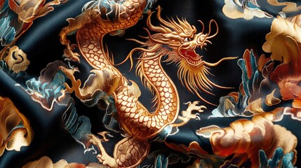 Obraz premium Elegant Dragon Pattern on Silk with Vibrant Colors and Textures
