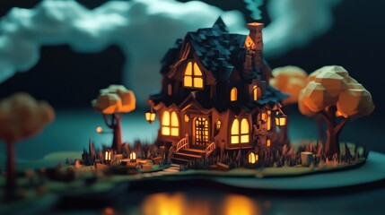 Low-poly haunted house at night with lights.