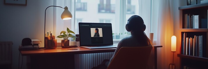Fototapeta premium A woman is sitting at a desk with a laptop and a plant. She is wearing headphones and she is watching a video call. The room is dimly lit, creating a cozy and intimate atmosphere