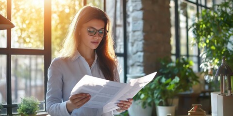 A woman is reading a newspaper in a room with plants. Scene is calm and relaxed, as the woman is sitting in a comfortable environment while reading