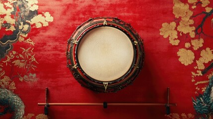 Naklejka premium Traditional drum on red silk background with floral motifs