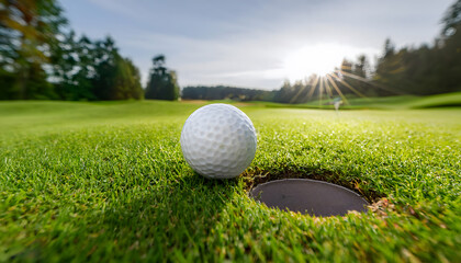 A white golf ball placed next to the hole on a green on a golf course.