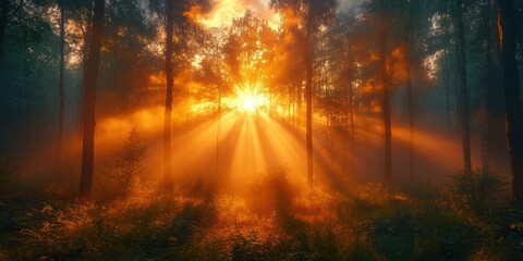 Obraz premium Sunrise illuminating a misty forest nature photography tranquil environment serene viewpoint