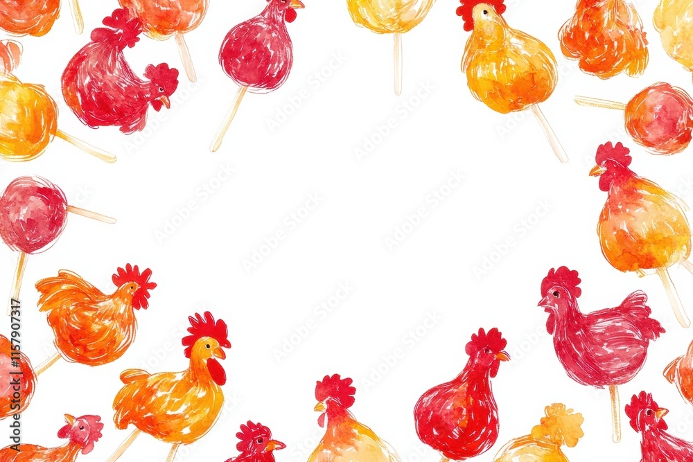 Poster vibrant rooster shaped lollipops in a colorful arrangement with space for text. generative ai