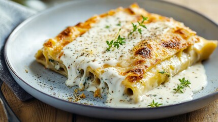A beautifully baked piece of cheese and herb cannelloni topped with creamy white sauce, sprinkled with herbs and freshly cracked black pepper.
