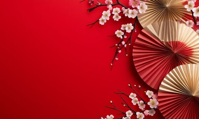 An elegant Chinese New Year banner design featuring paper fans and sakura flowers on a red background.