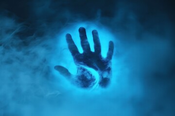 Blue glowing hand reaching through dense fog. mystery or supernatural concept