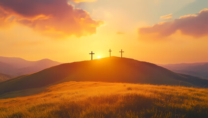 Three Crosses on Calvary at Sunrise: Symbol of Easter Hope