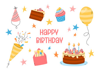 Happy Birthday greeting card. Vector illustration. Cute fun elements. Funny flat colorful hand drawn kid bday card design