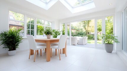 Fototapeta premium White dining room with a table and chairs. A potted plant is on the table