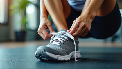 Naklejka premium Person Tying Running Shoes for Exercise