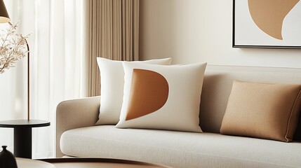 A modern minimalist living room features a cozy white sofa adorned with geometric-patterned cushions, adding a stylish and contemporary touch to the serene space.